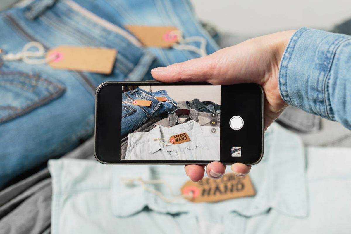 An image of a man's hand taking a photo of items.