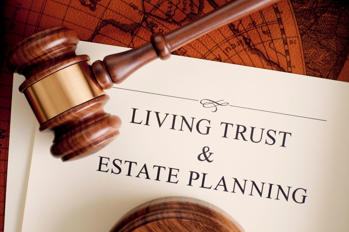 The image shows a gavel and papers with notes indicating that estate planning protects your family's financial future.