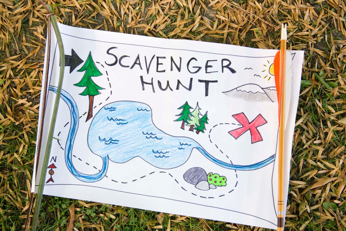 A picture of a paper with a scavenger hunt map.