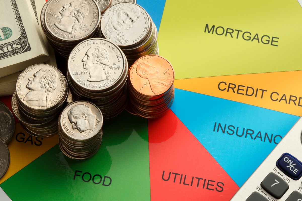 The image shows coins and paper with budget names.