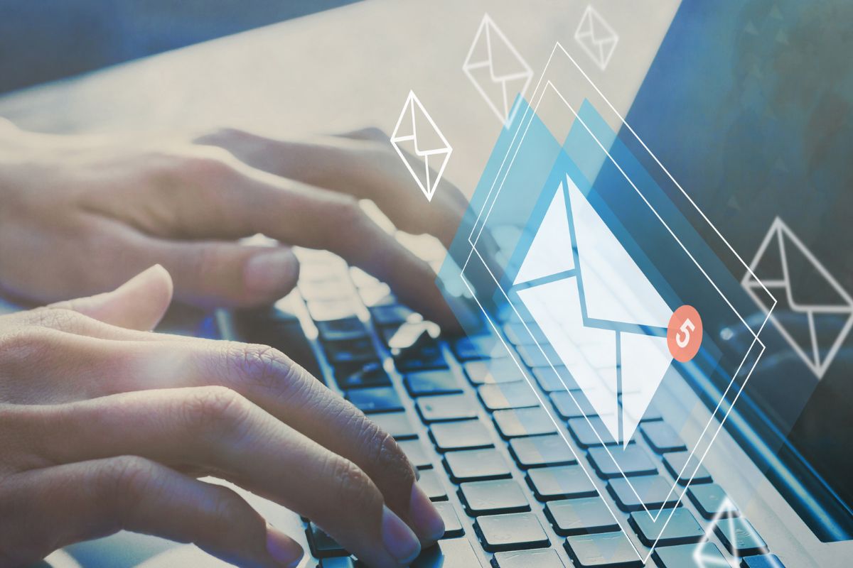 The image shows a woman's hand unsubscribing from promotional emails.