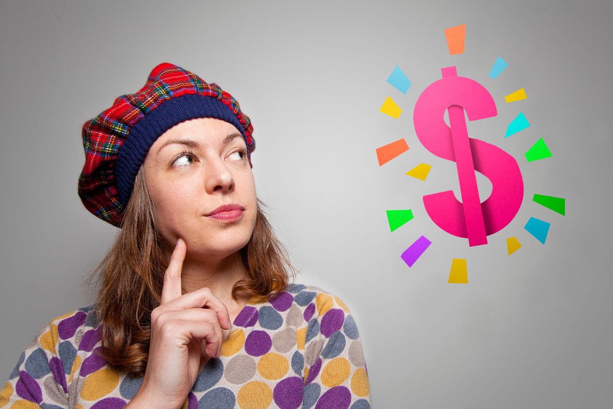 The photo shows a woman thinking about money.