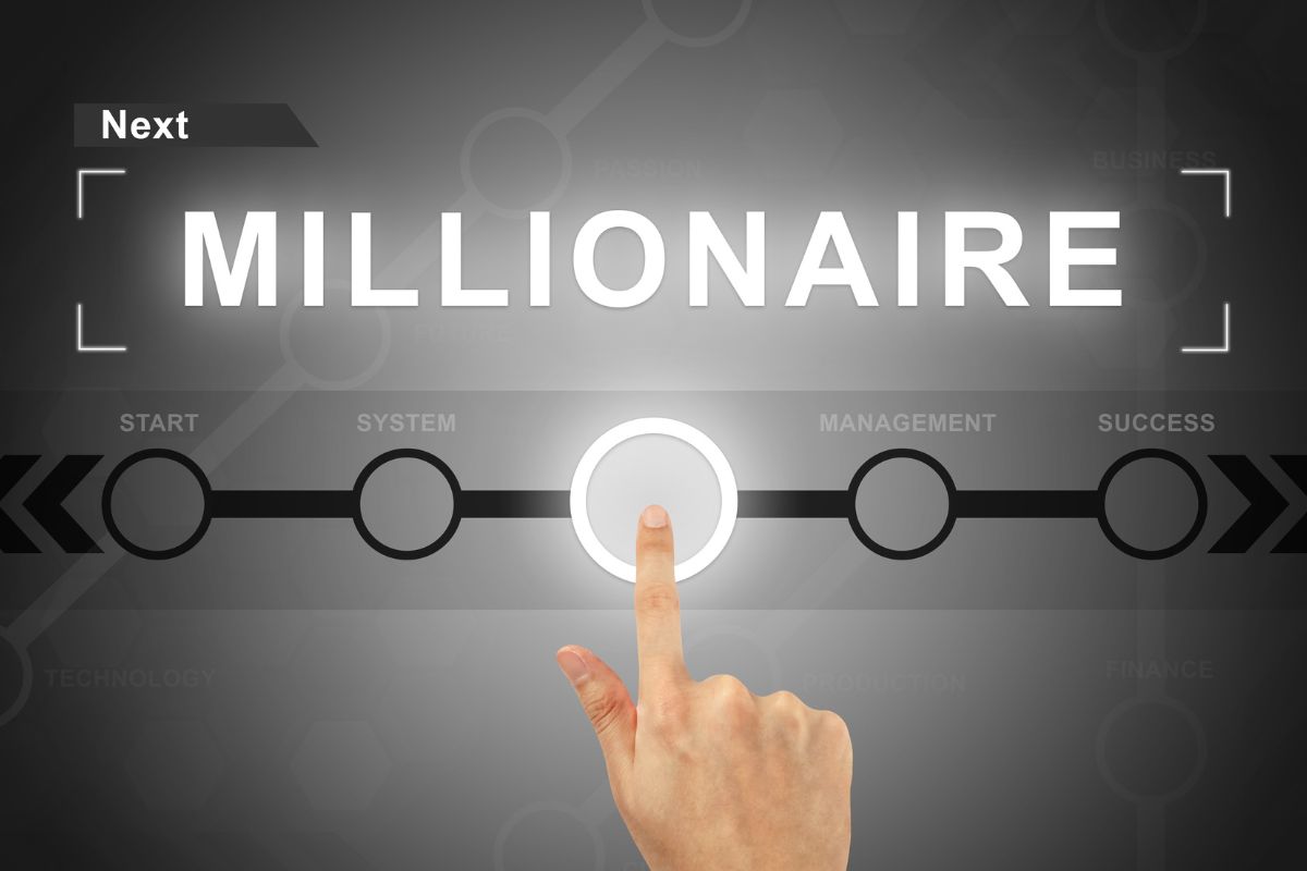 The image shows a girl's hand tapping the visual screen with notes indicating to start by becoming a millionaire with no money that can lead to financial security for future generations. 