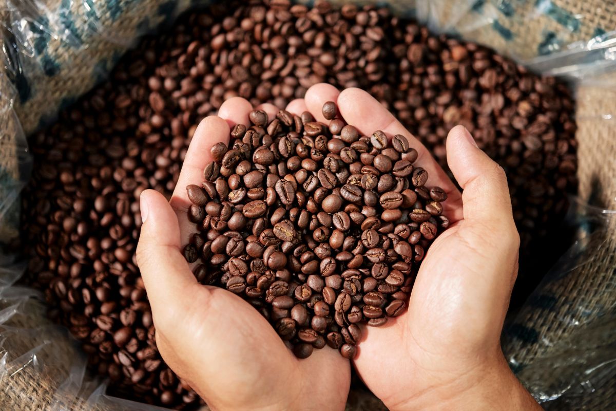 The photo tells about a sack of coffee beans and a man's hand holding it referring to purchasing bulk coffee beans and grinding at home is an easy way to enjoy better coffee without paying coffee shop prices.