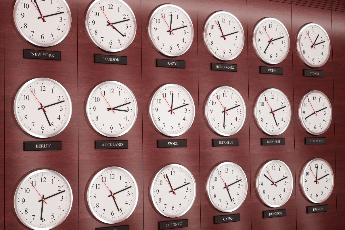 The photo tells about clocks on the wall with the name of counties which refers to leverage time zones helps take advantage of global demand and boosts income.