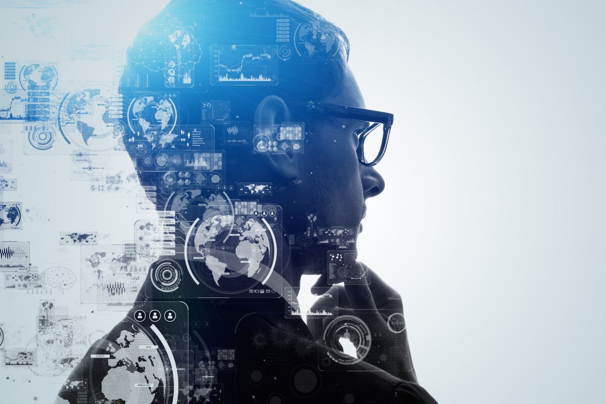 The picture shows a man thinking with a visual representation of AI which refers to digital AI consulting for small businesses is a great way to make money anywhere with just a laptop.