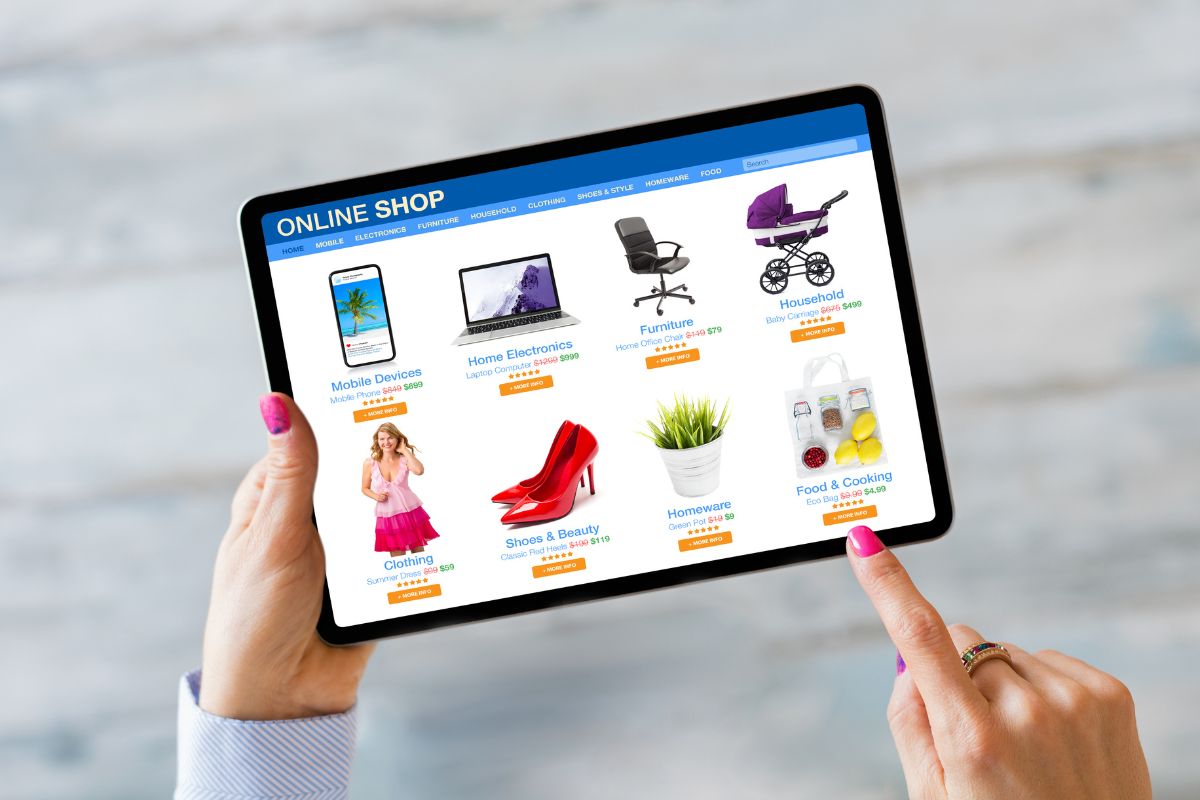 The image shows a girl's hand using a tablet device with a screen display referring to impulse online shopping encourages overspending, and unsubscribing from promotional emails helps reduce temptations.