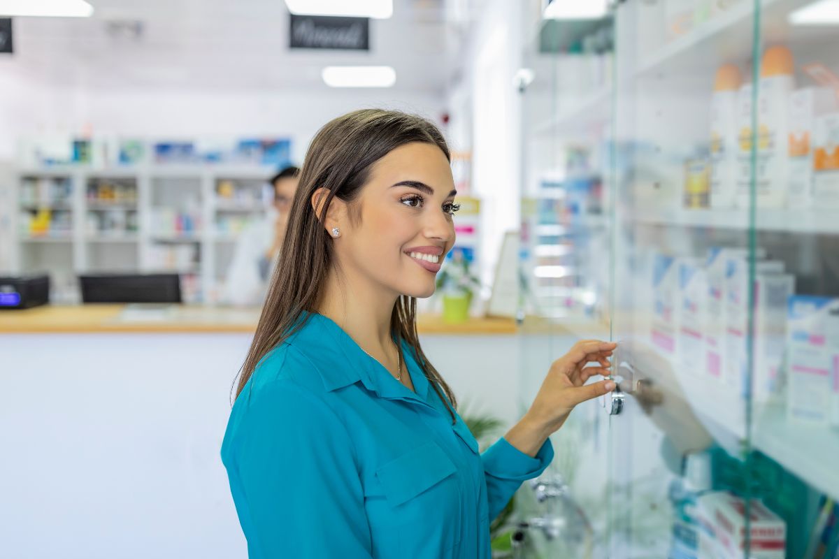 The pictures show a woman buying brand-name medications.