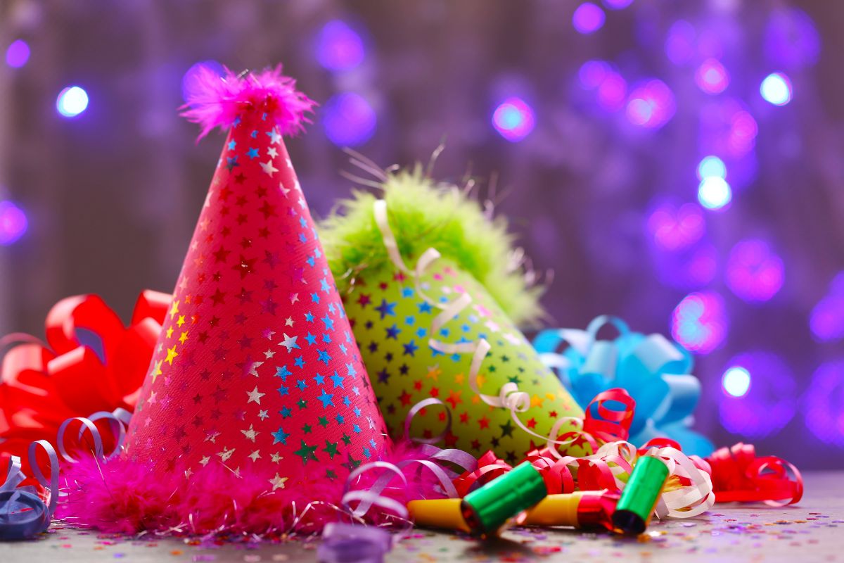 The picture of hats and garlands which refers to excessive party supplies and decorations can add up quickly, reusing decorations or borrowing supplies helps cut costs.