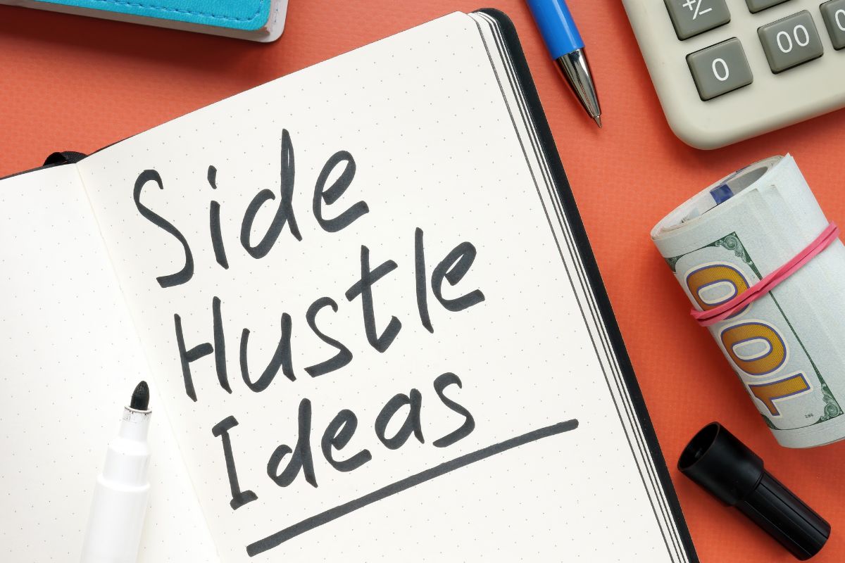 The image shows a notebook with side hustle ideas wording.
