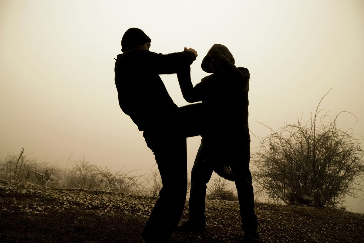 The photo shows two men fighting at the scene indicating that the stunt performer takes risks to bring action scenes that can be a thrilling and well-paid career.