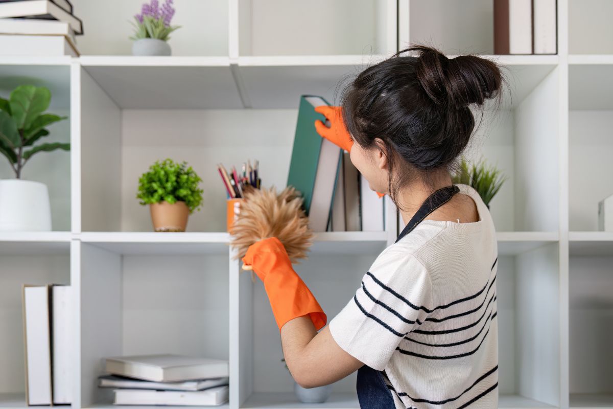 The image shows a girl cleaning the corner with a book and plants referring professional organizer who helps people declutter and arrange their homes and offices with a strong income potential. 