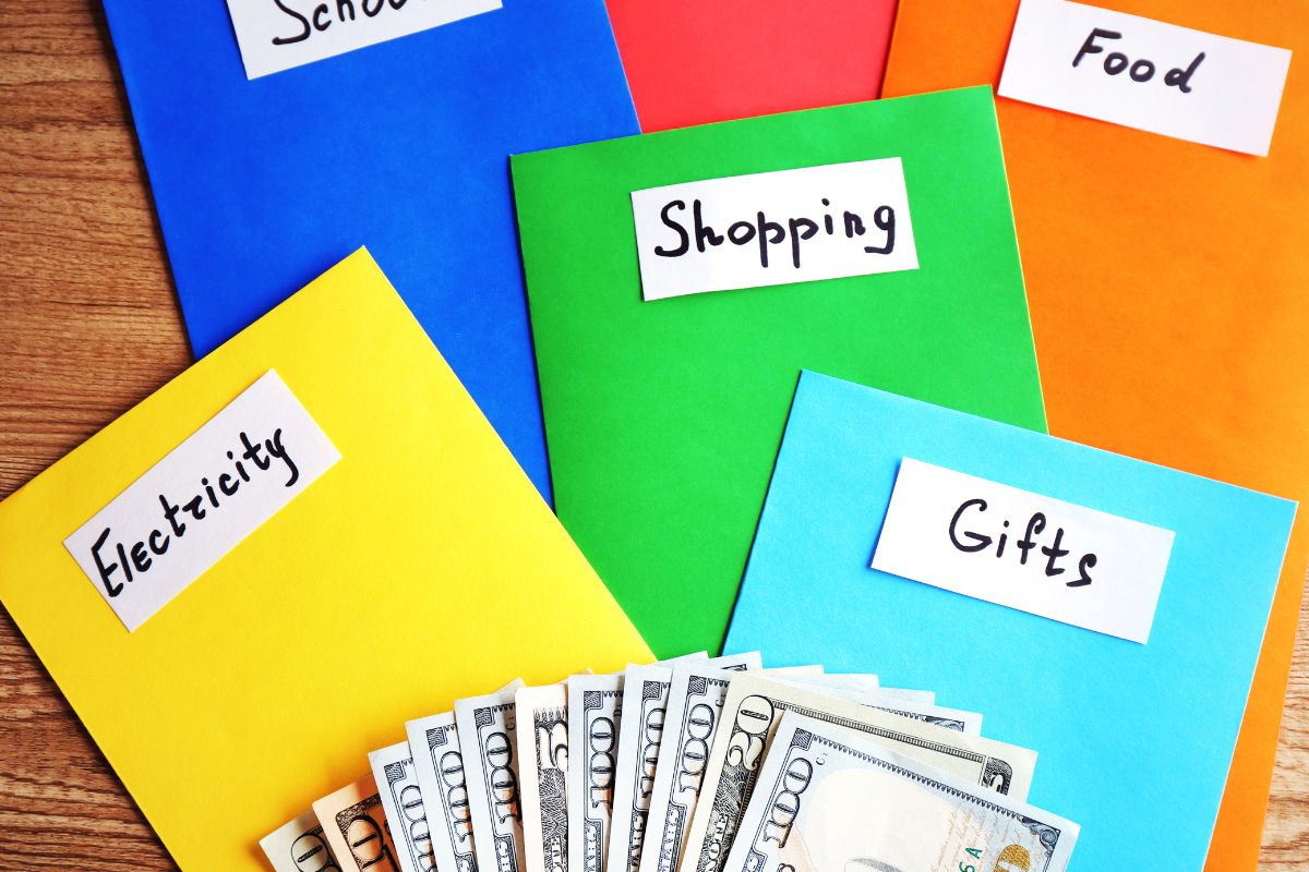 The photo shows a cash envelope system.