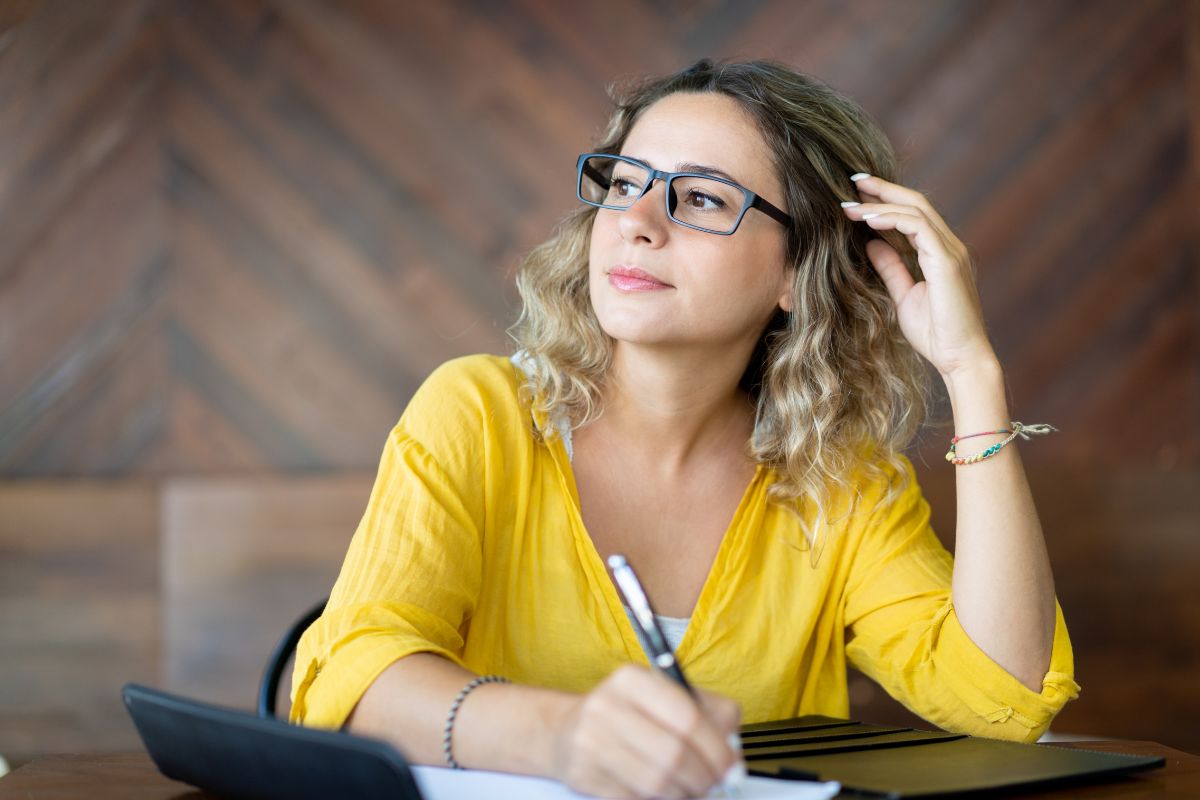 The image is about a woman thinking.