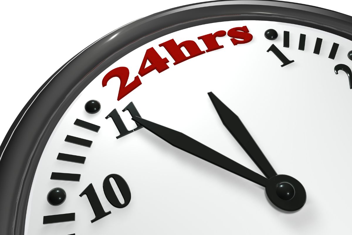 The photo shows a clock indicating to use of the 24-hour rule before buying anything that can lead to big savings over time.