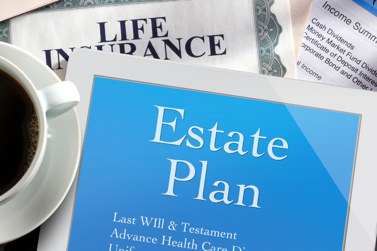 The image shows a tablet device with estate plan wording.