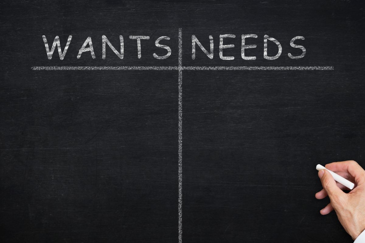 The picture shows a board with wants and needs wording.
