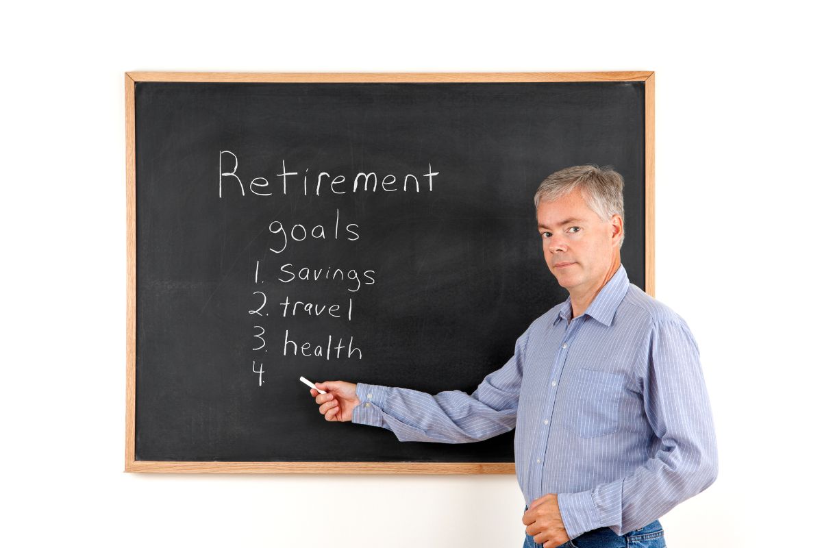 The image is about a senior man setting retirement goals.