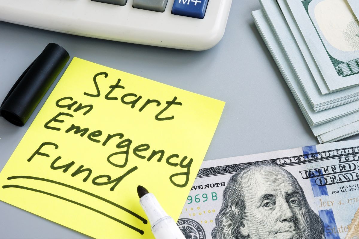 The image is about dollar bills for an emergency fund.