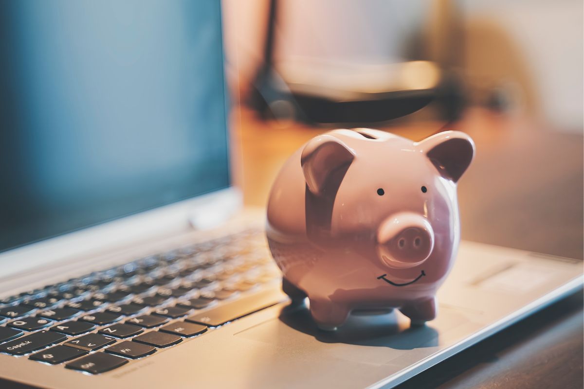 The picture shows a laptop and a piggy bank for a savings tracker.