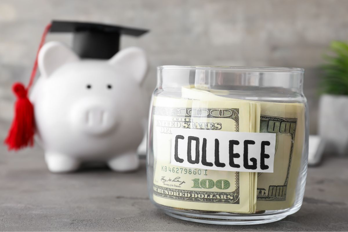 The photo shows a jar with a dollar bill for college savings.