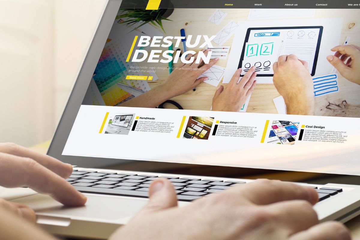 The photo shows a lady's hand working as a UX/UI designer.