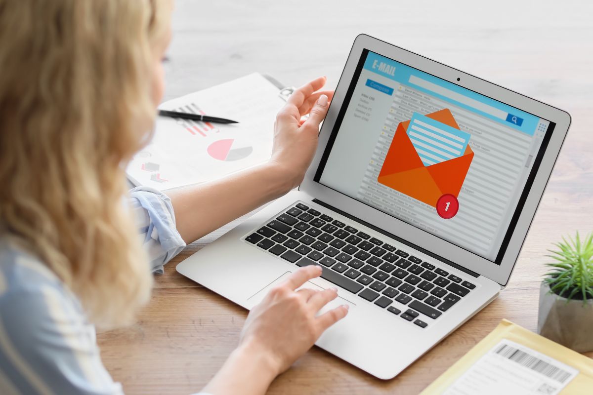 The picture is about a woman working as an email marketing specialist.
