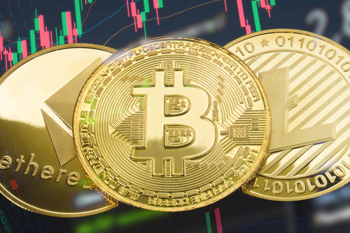 The photo shows coins for cryptocurrency trader.