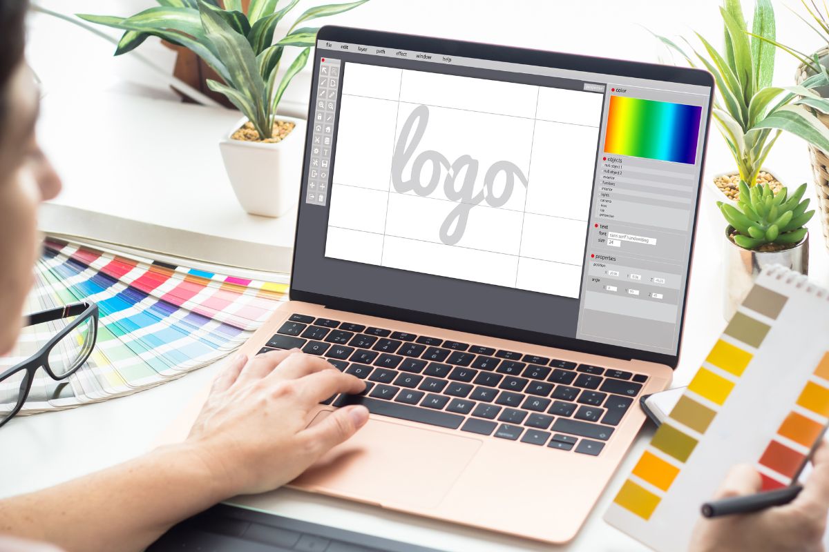 The image shows a woman working in graphic design.
