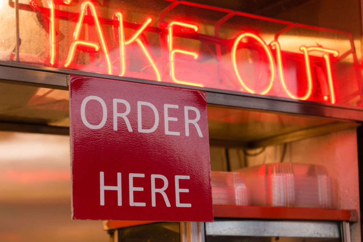 The image is about signs for takeout.