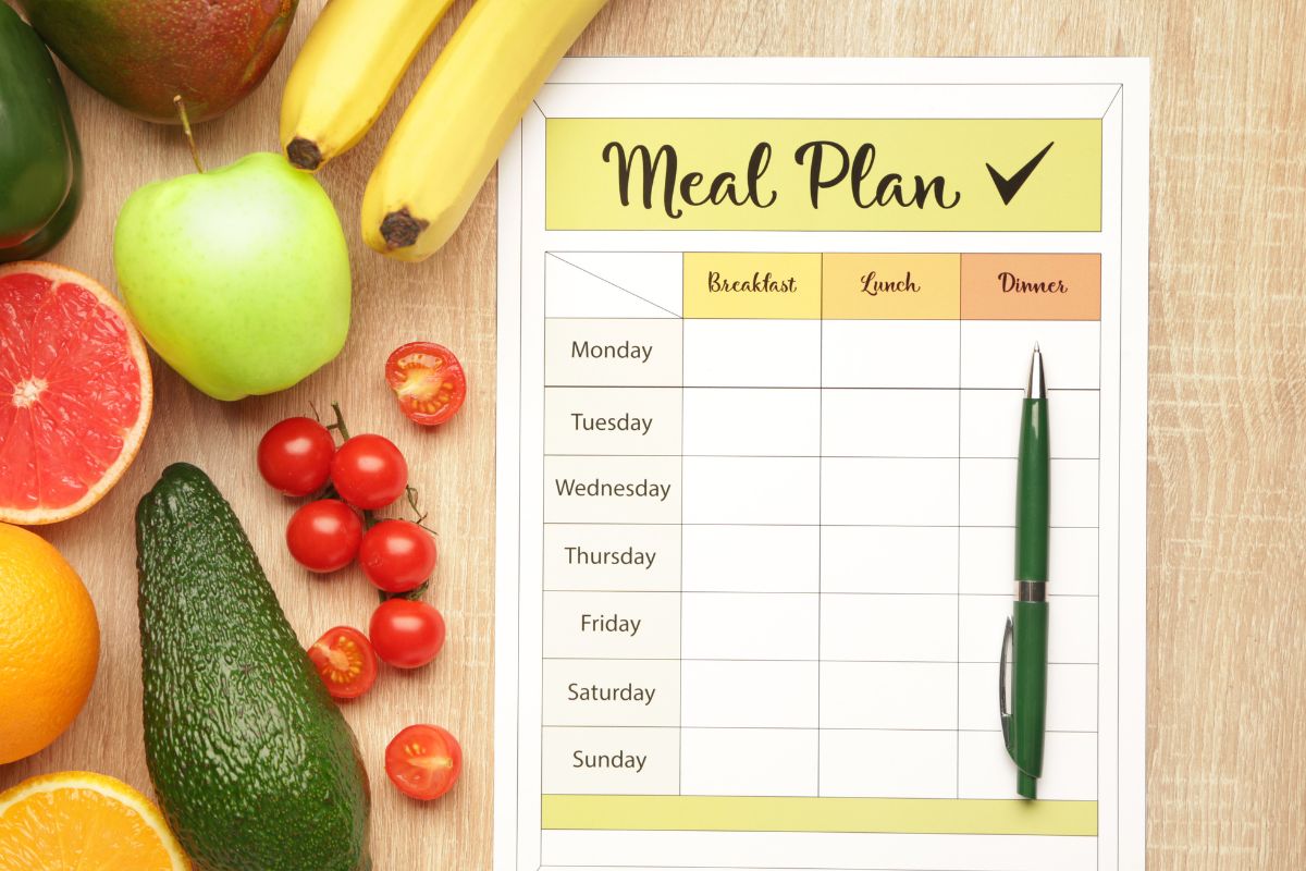 The picture shows fruits and meal plan wording on a paper.