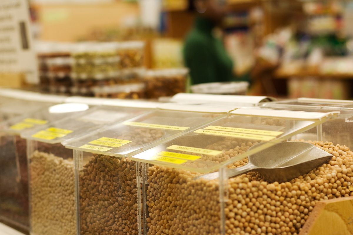 The photo shows the bulk of the bean store.