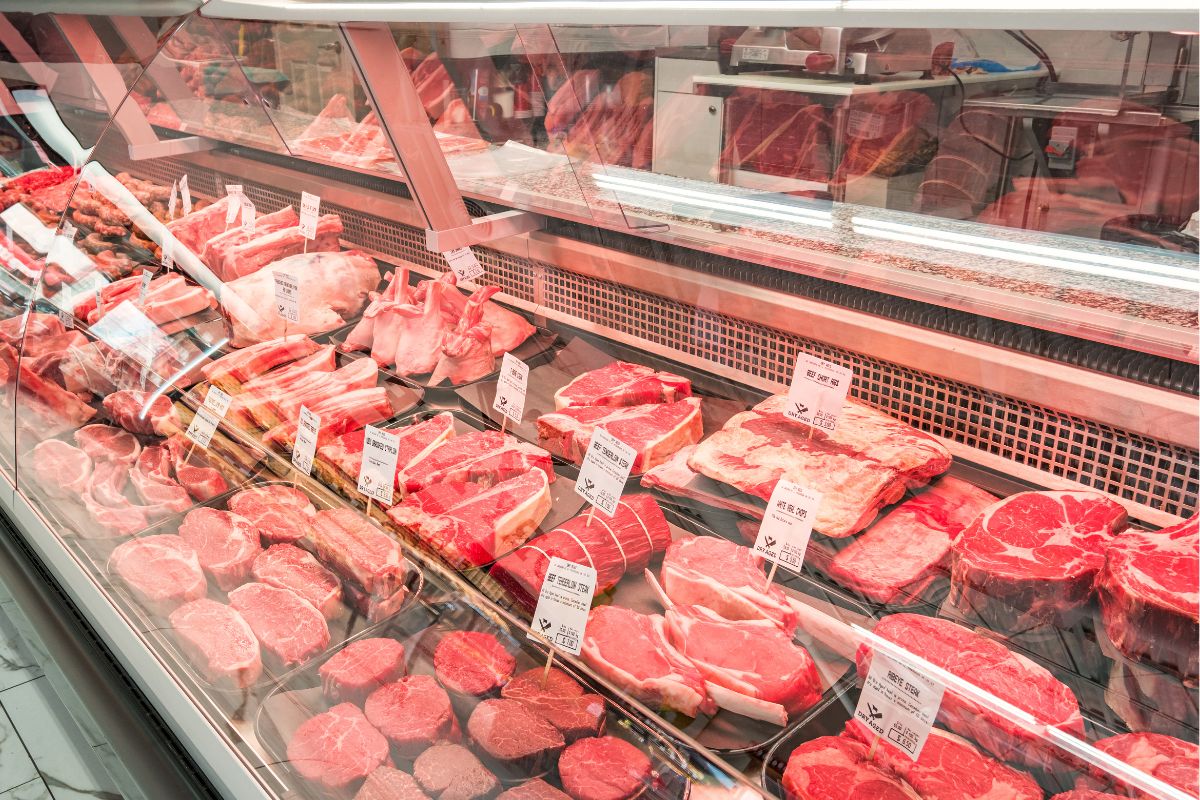 The image is about red meat at the store.