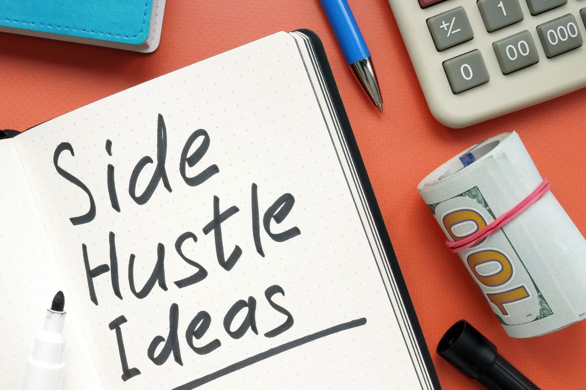 The photo shows a notebook with side hustle ideas wording.