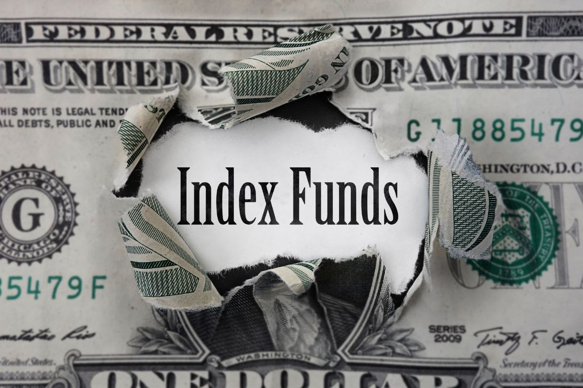 The image shows a torn dollar with the index funds wording.