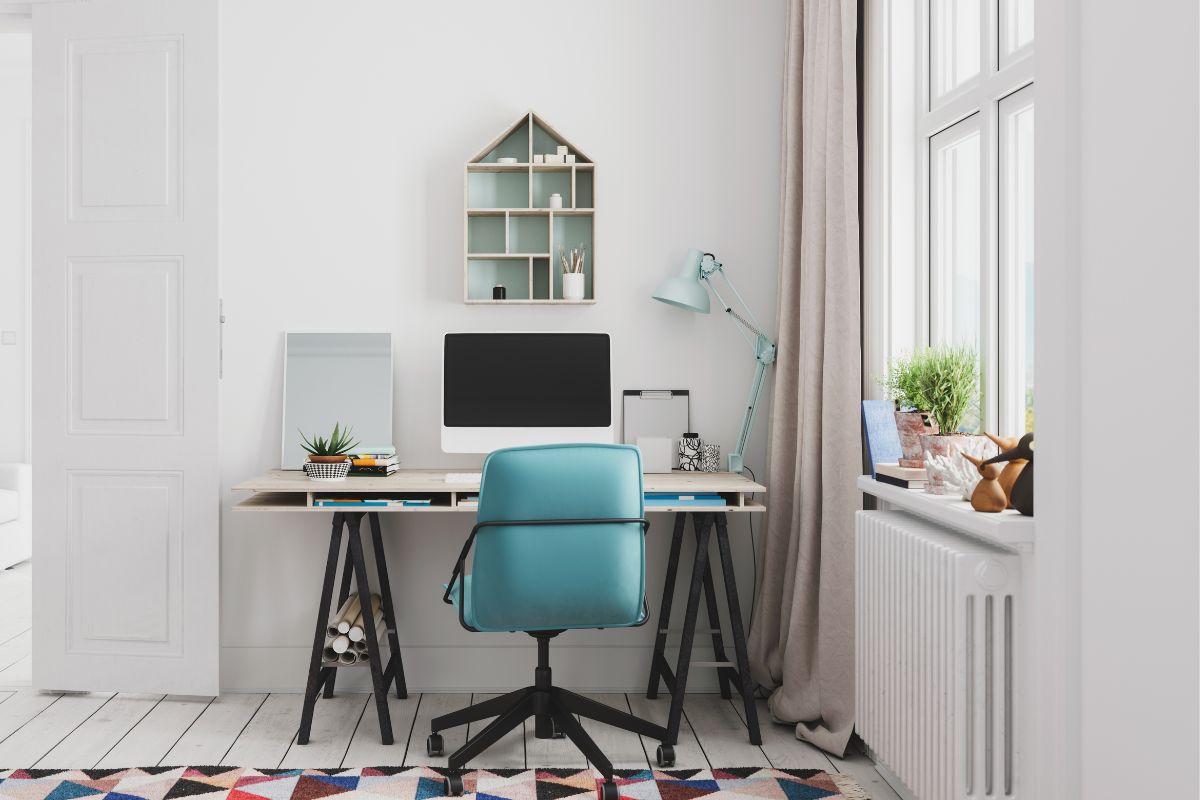 The photo shows a cozy home office.