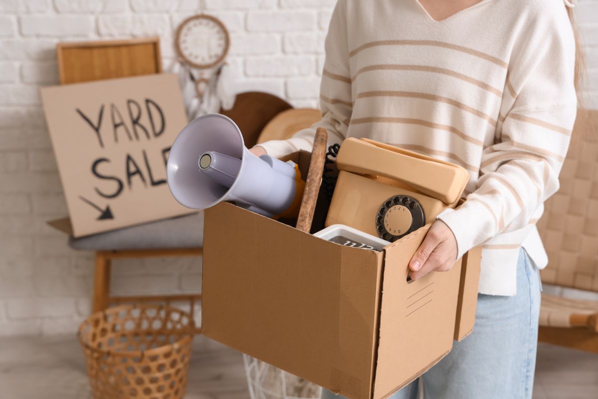 The image shows a lady selling unused items.