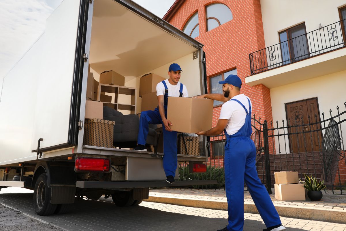 The picture is about men working in a moving service.