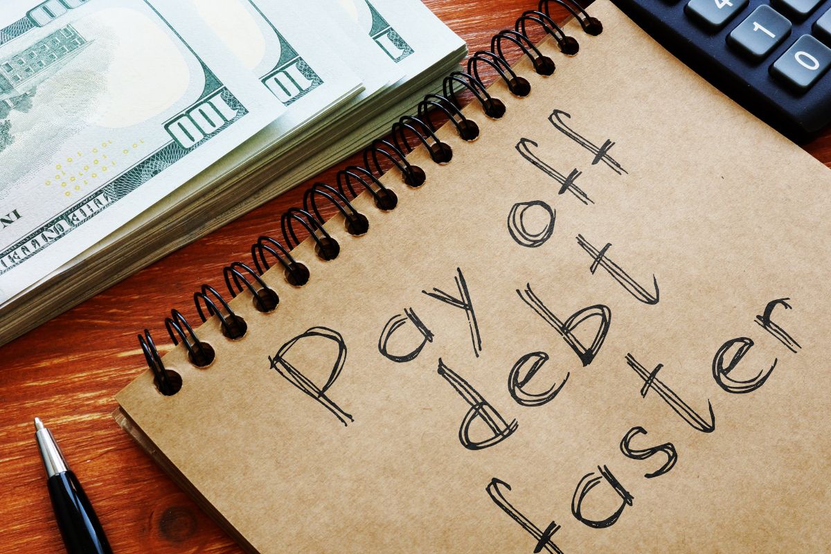 The image shows dollar bills and a notebook with the Pay off debt faster wording.
