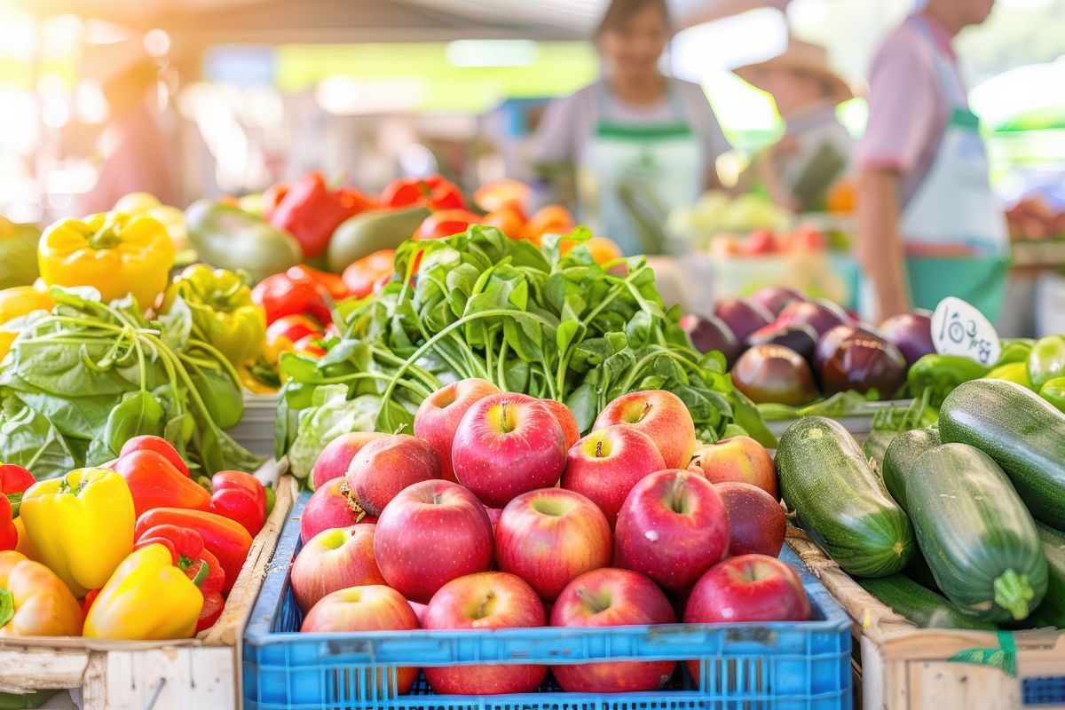 The photo shows fruits and vegetables at local farmers' markets.