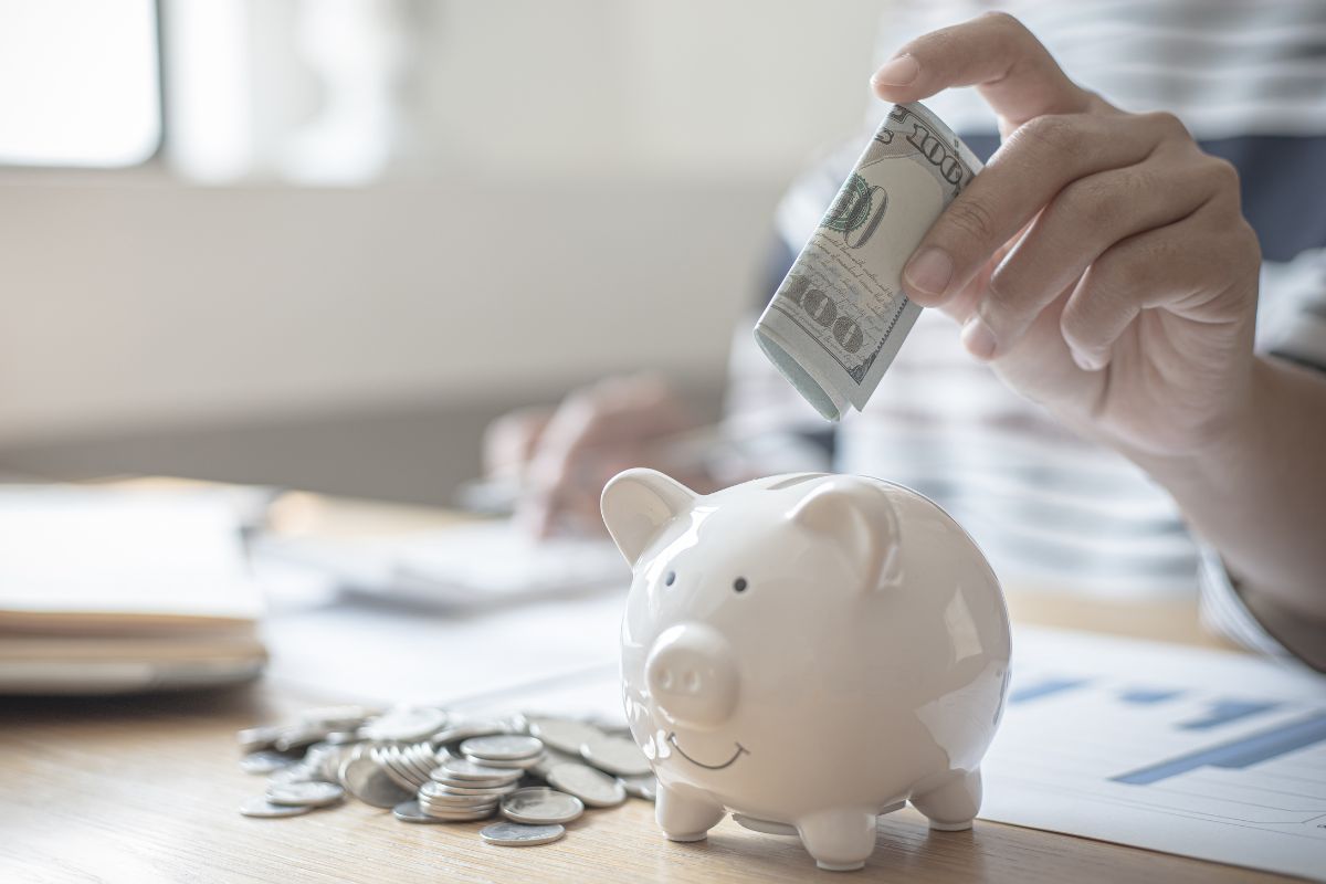 A picture of a piggy bank, and a hand putting a $100.