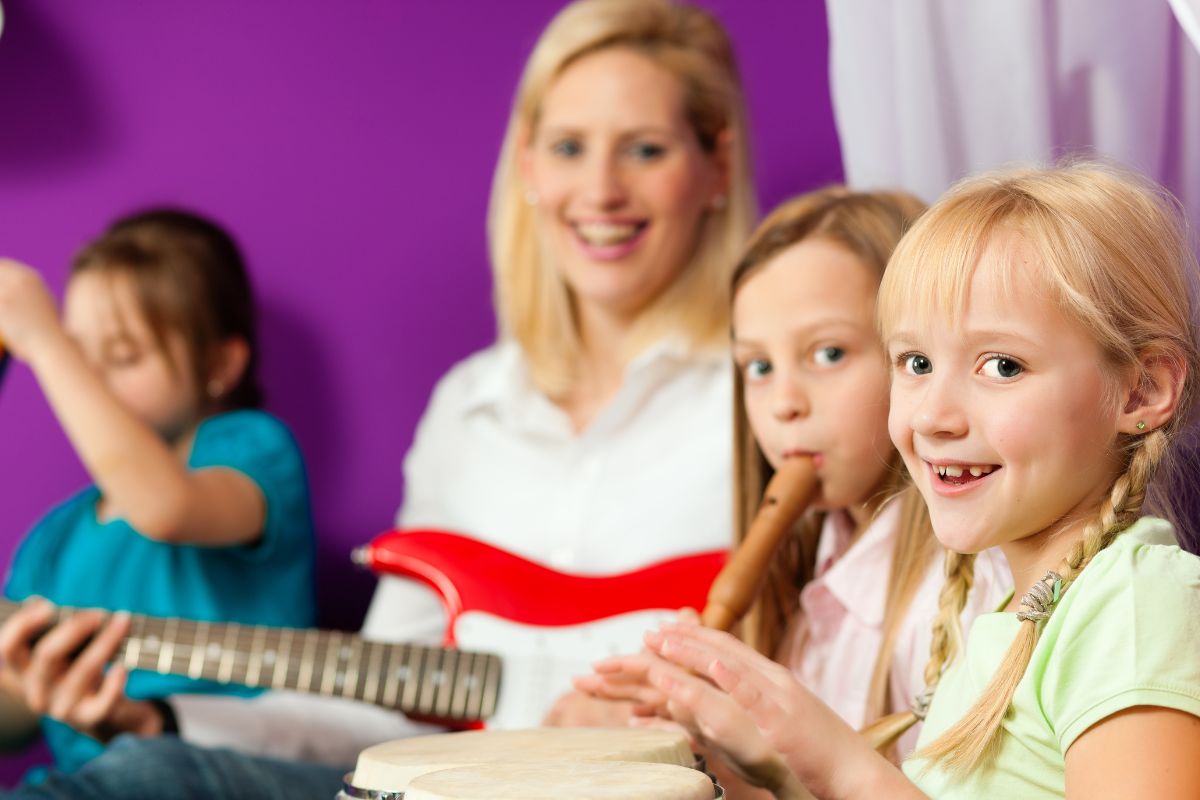 A picture of a family making music.