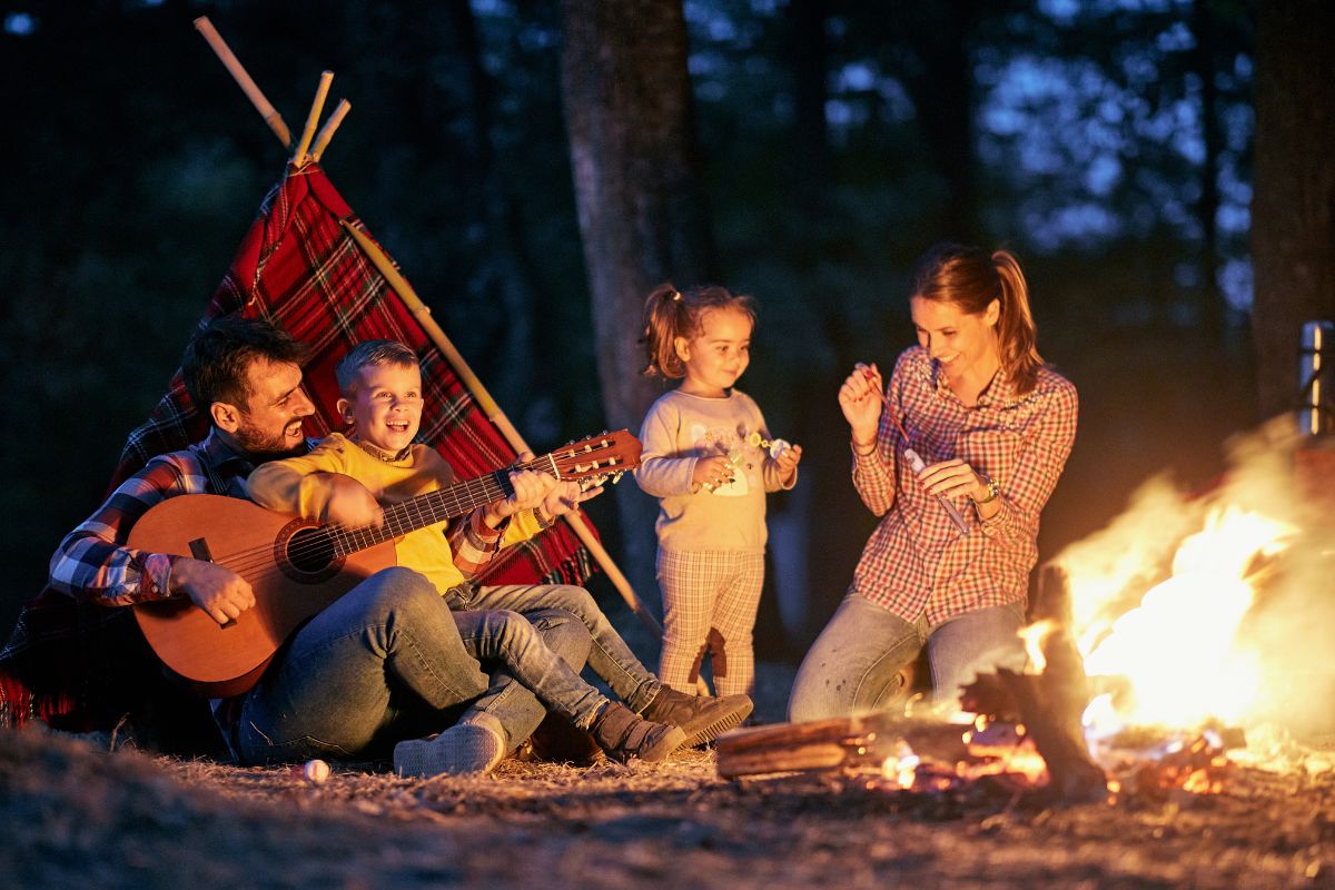 A picture of a family camping.