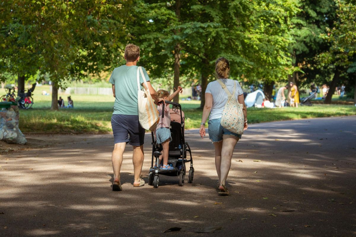A picture of a family walking at a park. 
