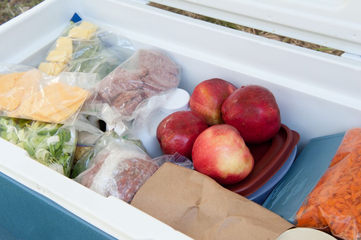 A picture of foods in a cooler.