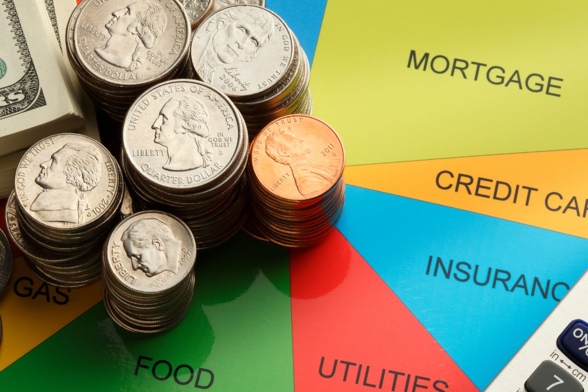 The image shows coins and a color wheel with allotted budget percentages.
