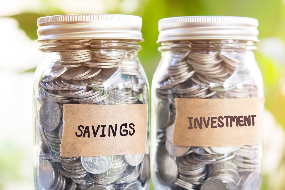 The picture is about jars filled with coins, savings, and investment wording.