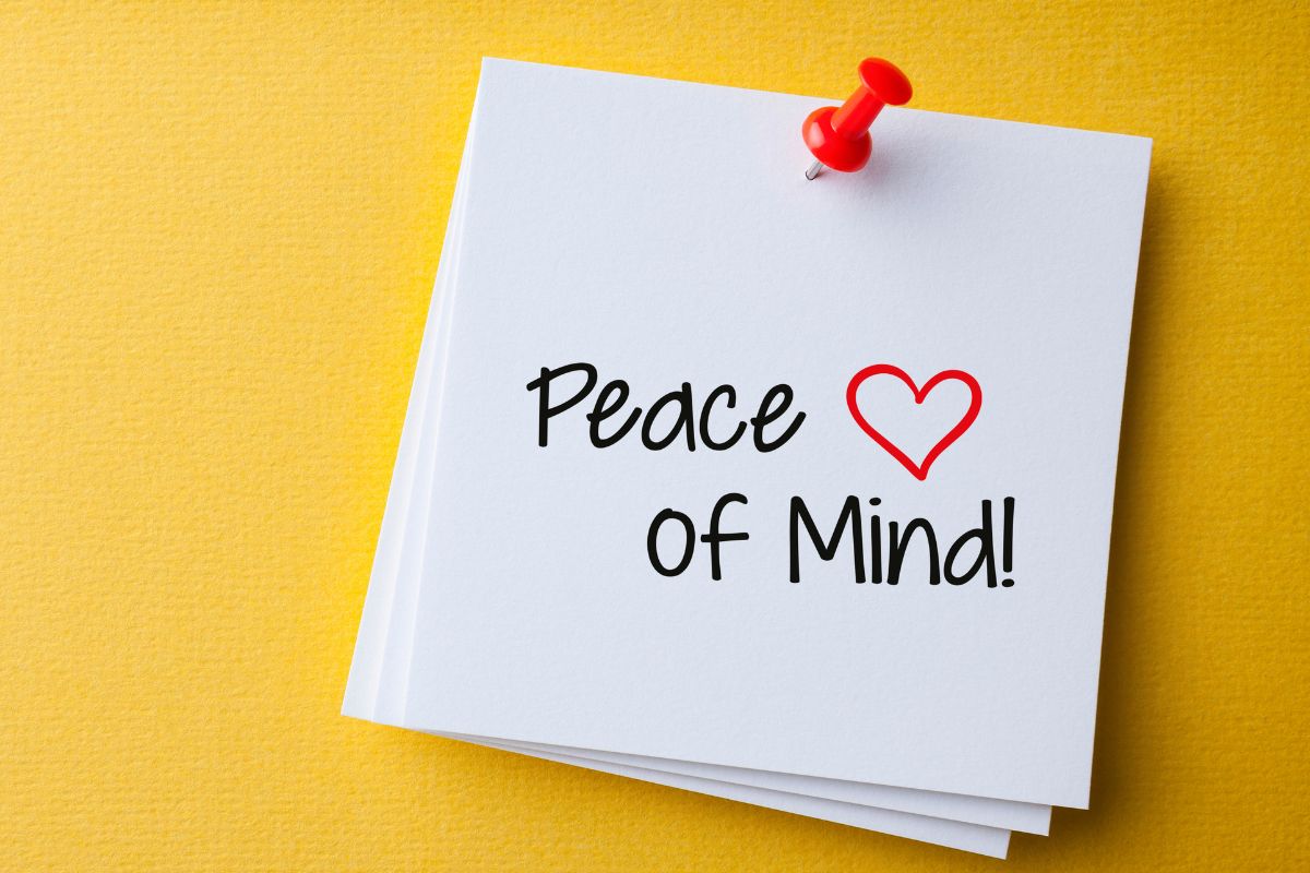 The image shows a paper with peace of mind wording.