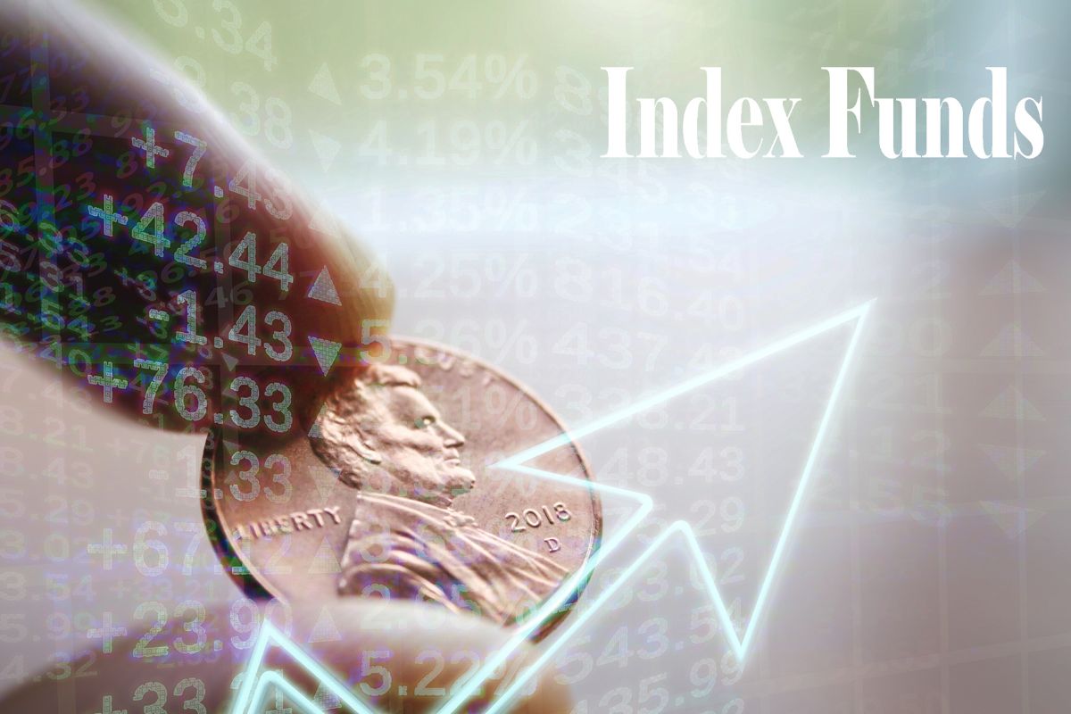 The image is about a man's hand holding coins and a visual index fund text.
