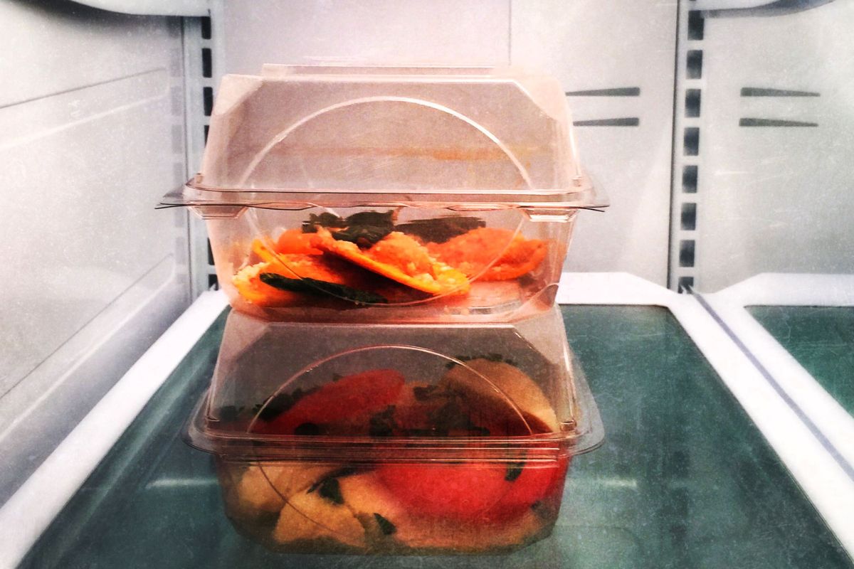 The picture shows food in a container to freeze leftovers.